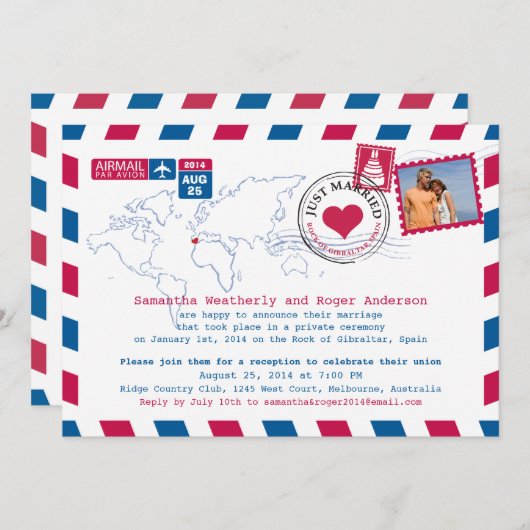 スペインエアメールの結婚後パーティー 招待状 (正面/裏面)