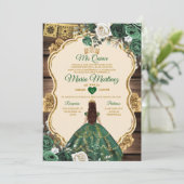 スペインエメラルドグリーンの花柄木製キンセアニエラ 招待状 (スタンド正面)