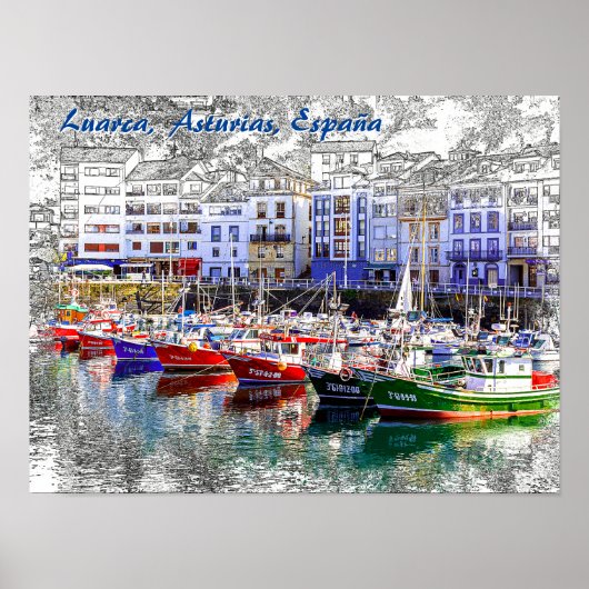 スペインカラフルのアストゥリアス州ルアルカの魚釣りボート。 ポスター (正面)