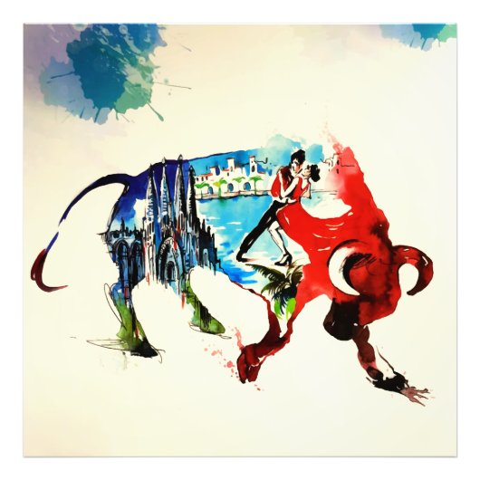 スペインブルヴィンテージトラベルラブウォーター色 フォトプリント            (正面)