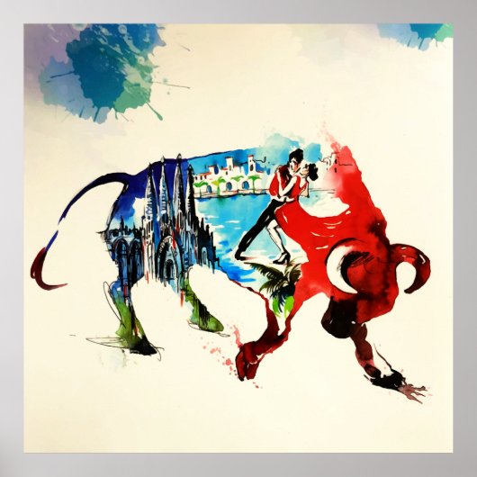 スペインブルヴィンテージトラベルラブウォーター色 ポスター (正面)