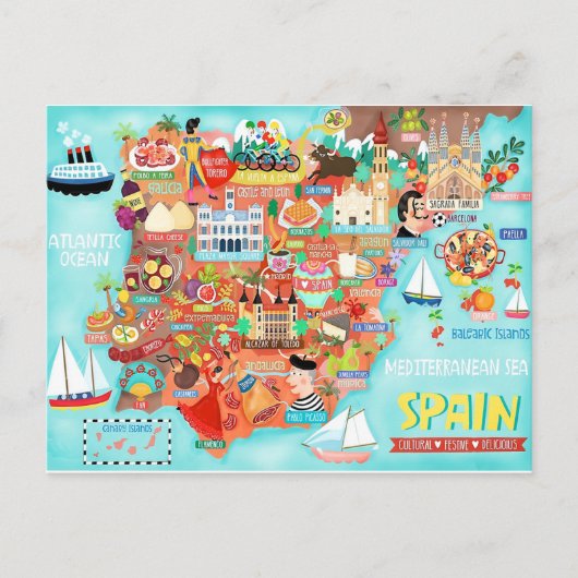スペイン図解入りの、写真付きのポストカードの地図() ポストカード (正面)