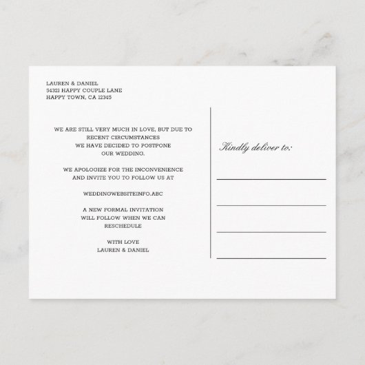 スペイン海軍と赤いタイルの結婚式計画変更 案内ポストカード (裏面)