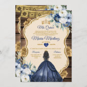 スペイン海軍青の花柄木製15歳のキーニセニェラ 招待状 (正面/裏面)
