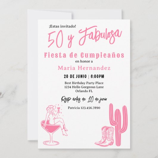 スペイン語で50+y+Fabulosa!ウエスタンフィエスタの50歳の誕生日 招待状 (正面)