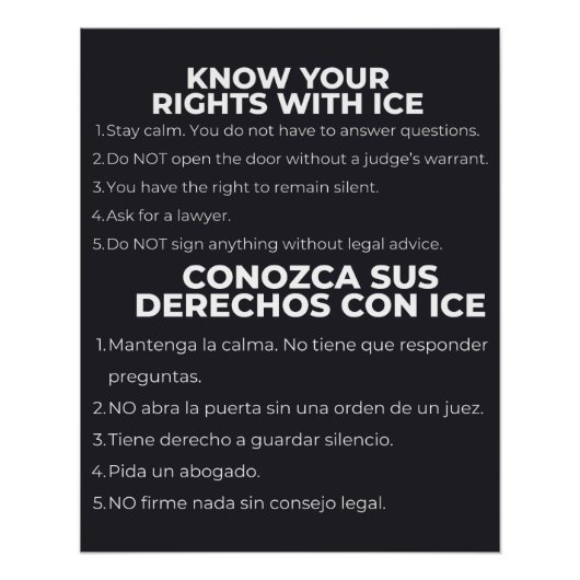 スペイン語と英語で知る自分の権利 ICE ポスター (正面)