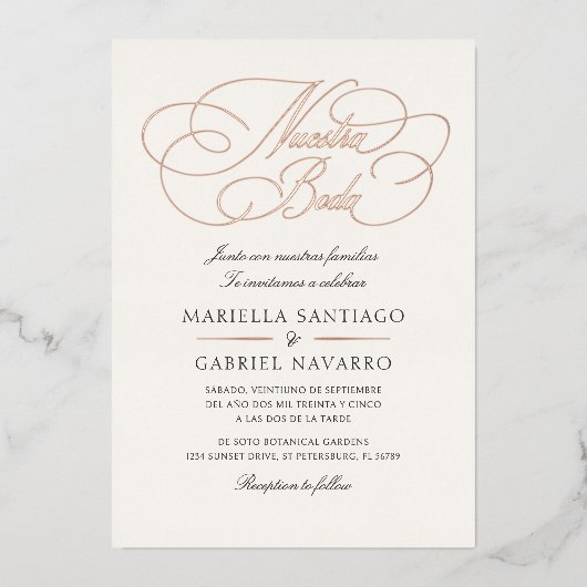 スペイン語のカリグラフィーNuestra+Boda結婚式 箔招待状 (正面)