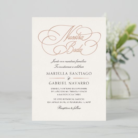 スペイン語のカリグラフィーNuestra+Boda結婚式 箔招待状 (立ち正面)