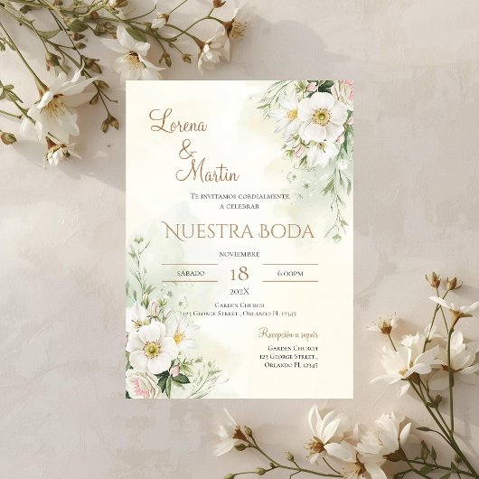 スペイン語のセージグリーンの花の結婚式招待状 招待状