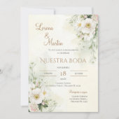 スペイン語のセージグリーンの花の結婚式招待状 招待状 (正面)