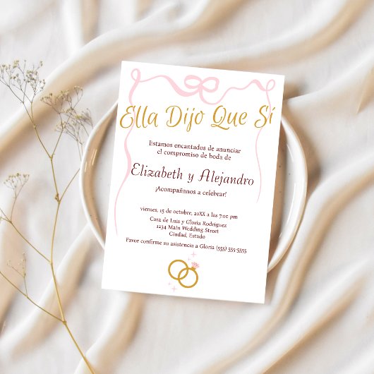 スペイン語のデリケートなピンクのリボンリング 結婚指輪 パーティー 招待状