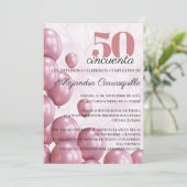 スペイン語のピンクのバラの花と風船の50歳の誕生日 招待状 (スタンド正面)