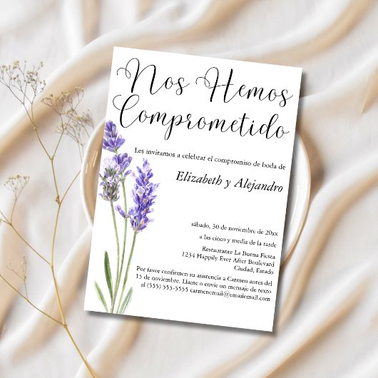 スペイン語のミニマルラベンダー結婚式エンゲージメントパーティー 招待状