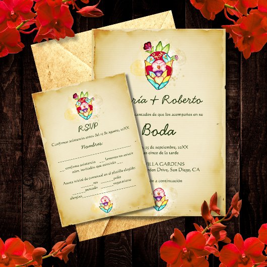 スペイン語のメキシコ風結婚式RSVPカード Rustic Heart 招待状