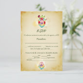 スペイン語のメキシコ風結婚式RSVPカード Rustic Heart 招待状 (スタンド正面)