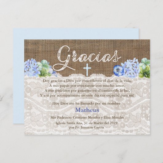 スペイン語の男の子の洗礼のBautismoのサンキューカード インビテーションポストカード (正面/裏面)