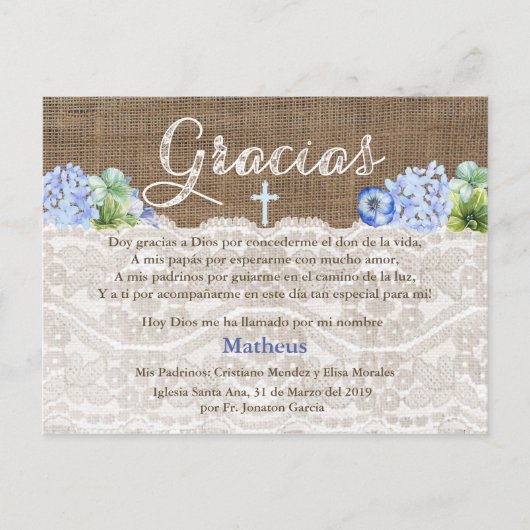 スペイン語の男の子の洗礼のBautismoのサンキューカード インビテーションポストカード (正面)