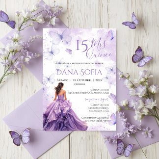 スペイン語の紫の花のQuincenera招待状 招待状