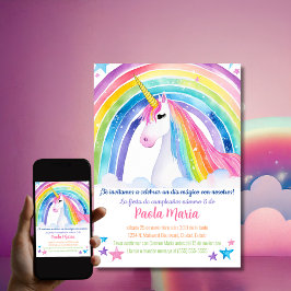 スペイン語の虹のユニコーンの女の子の誕生日パーティー 招待状