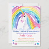 スペイン語の虹のユニコーンの女の子の誕生日パーティー 招待状 (正面)