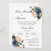 スペイン語の青い花の結婚式招待状 招待状 (正面/裏面)