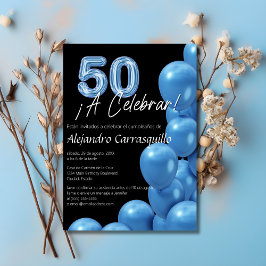 スペイン語の青い風船 黒い背景の50歳の誕生日 招待状