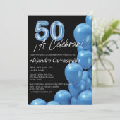 スペイン語の青い風船 黒い背景の50歳の誕生日 招待状 (スタンド正面)