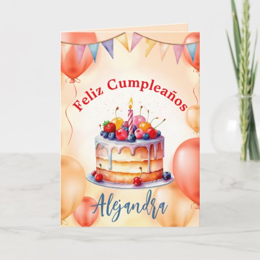 スペイン語オレンジ色ピンク色ラージケーキバルーン誕生日 カード (正面)
