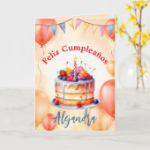 スペイン語オレンジ色ピンク色ラージケーキバルーン誕生日 カード (黄色い花)