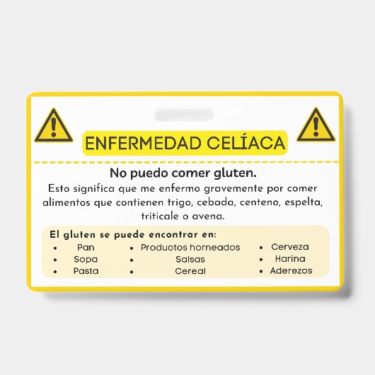 スペイン語 セリアック病 グルテン アレルギー 警告カード バッジ (正面)