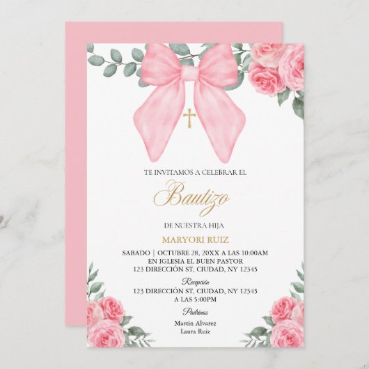 スペイン語 ピンクの大きなリボンと花の女の子の洗礼 招待状 (正面/裏面)