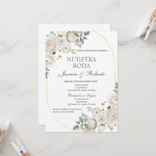 スペイン語 ボホ フローラル ウェディング 招待状 (正面/裏面インサイチュ)