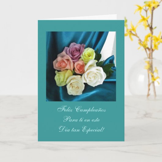スペイン語: 誕生日おめでとうのFeliz Cumpleanosのティール（緑がかった色） カード (黄色い花)