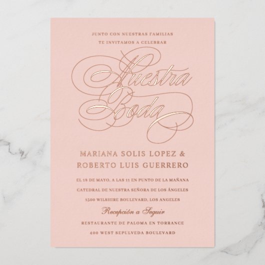 スペイン語 Nuestra Boda ローズゴールド 箔招待状 (正面)
