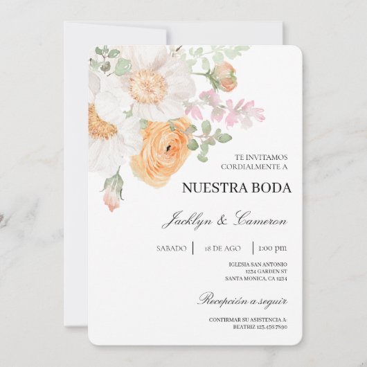 スペイン風の白い花の結婚式招待状 招待状 (正面)