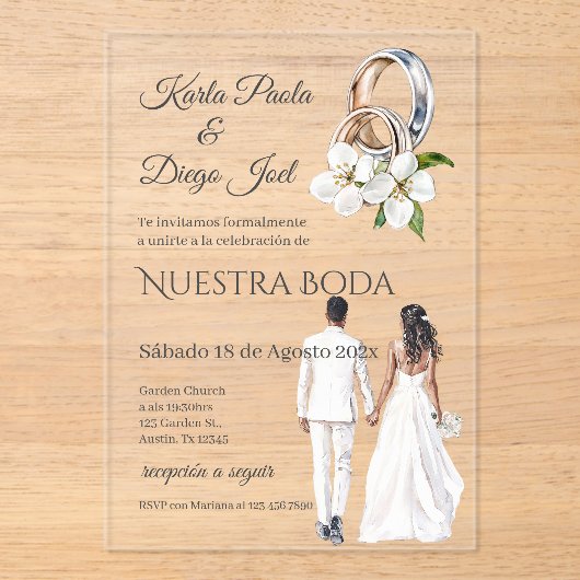 スペイン風の結婚式の花嫁と花婿の指輪 アクリル招待状 (正面)