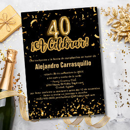 スペイン風グラマラス ブラック&ゴールド コンフェティ 40歳の誕生日 招待状