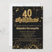 スペイン風グラマラス ブラック&ゴールド コンフェティ 40歳の誕生日 招待状 (正面)