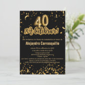 スペイン風グラマラス ブラック&ゴールド コンフェティ 40歳の誕生日 招待状 (スタンド正面)