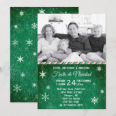 スペイン風グリーンデニムスノーフレーク写真ホリデーパーティー 招待状 (正面/裏面)