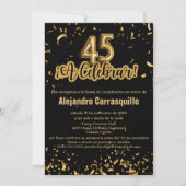スペイン風ゴージャス黒と金のコンフェティ45歳の誕生日 招待状 (正面)