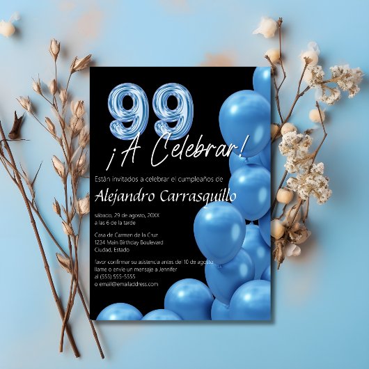 スペイン風スタイリッシュな青い風船 黒の99歳の誕生日 招待状