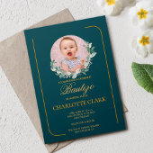 スペイン風バウティスモ フォト グリーン エレガント ゴールド 招待状