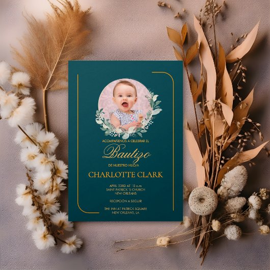 スペイン風バウティスモ フォト グリーン エレガント ゴールド 招待状
