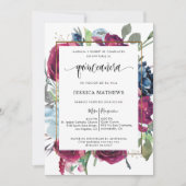 スペイン風バーガンディ、ブルーフラワーのキンセアニエラ 招待状 (正面)