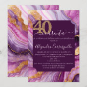 スペイン風パープルピンクゴールドアゲートの40歳の誕生日パーティー 招待状 (正面/裏面)