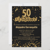 スペイン風ファンシー黒と金色の紙吹雪 50歳の誕生日 招待状 (正面)