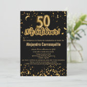 スペイン風ファンシー黒と金色の紙吹雪 50歳の誕生日 招待状 (スタンド正面)