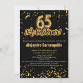 スペイン風ブラック&ゴールドの紙吹雪65歳の誕生日 招待状 (正面)