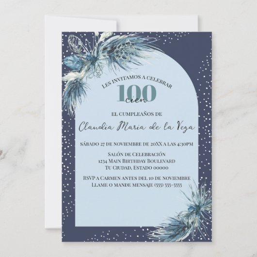スペイン風ブルーウィンターフラワー 100歳の誕生日パーティー 招待状 (正面)